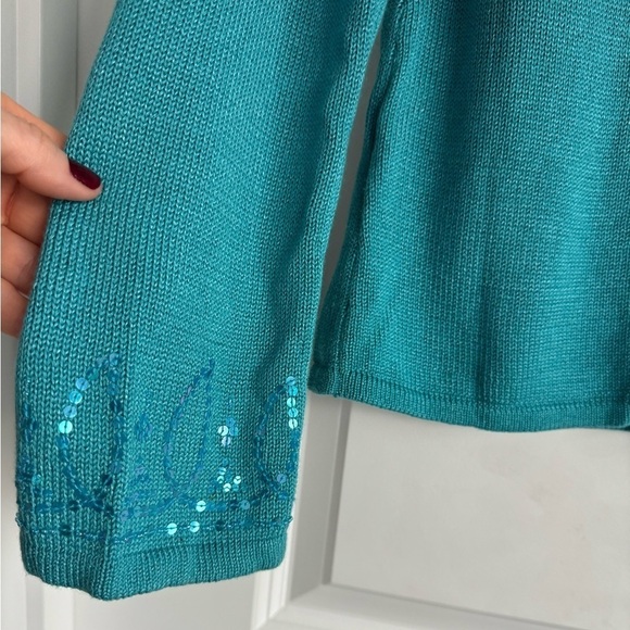 Susan Bristol V-Neck Sweater Split Neck Sequin Knit Turquoise Resort Top Medium - Picture 5 of 9